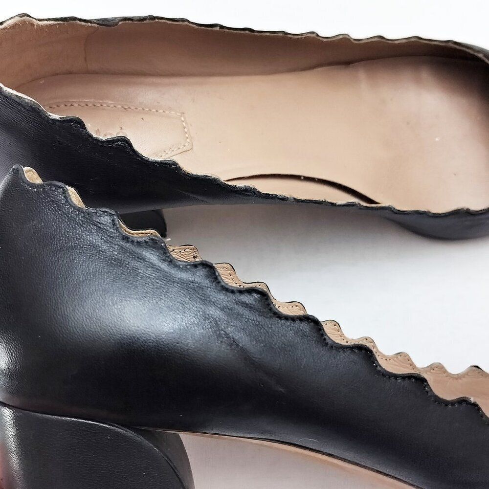 CHLOE Lauren Scalloped Leather Pumps Curved Block Heels Slip On 37.5 / 7.5 Black - Picture 12 of 16
